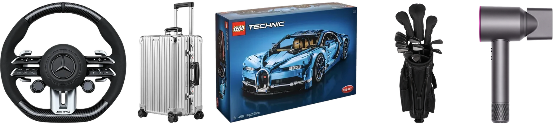 Volante, valigia in alluminio, set LEGO Technic, mazze da golf e asciugacapelli